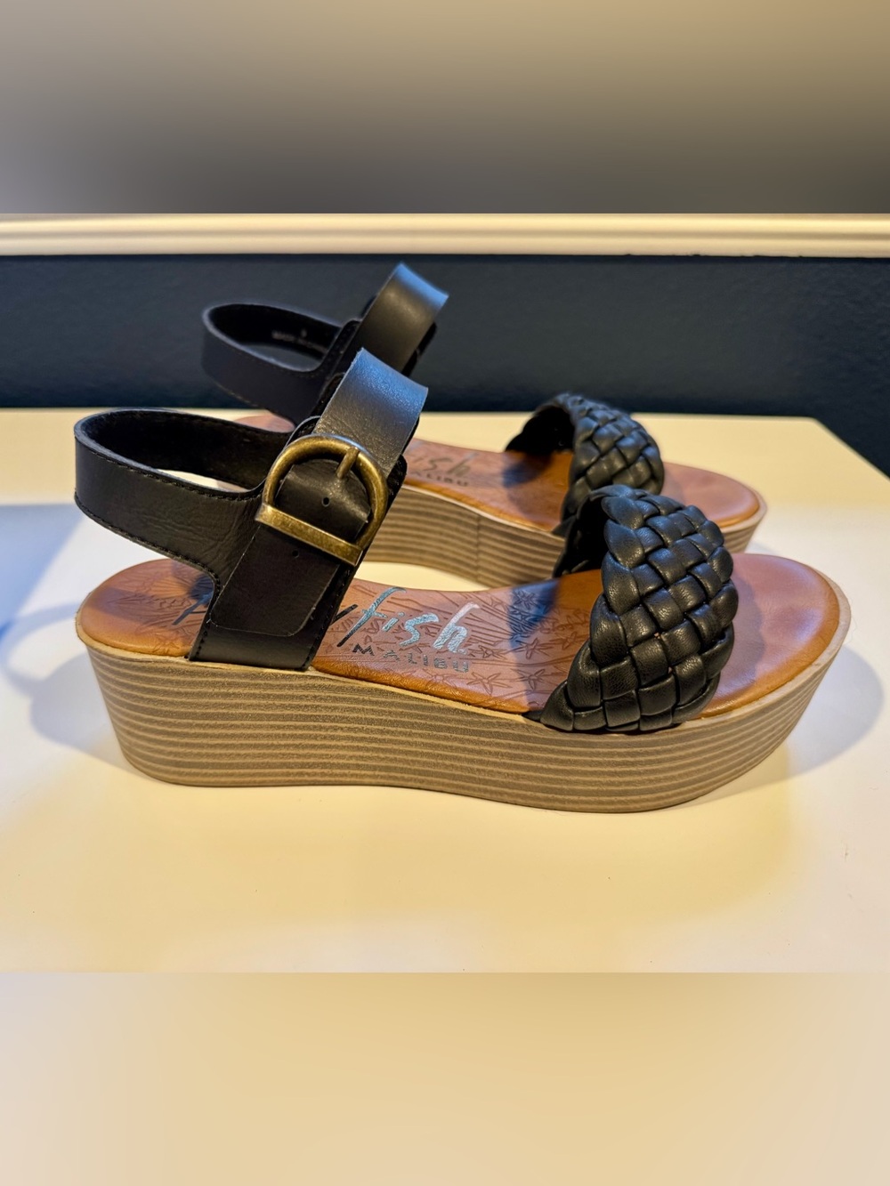 Blowfish Black Platform Woven Sandal with Buckle Strap